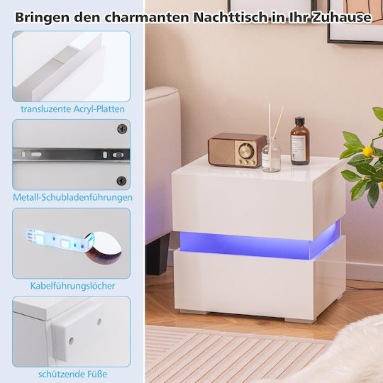 Costway Set of 2 Bedside Tables with LED, 2 Drawers, High Gloss White, 40 x 35 x 50 cm Jv10830wh-2
