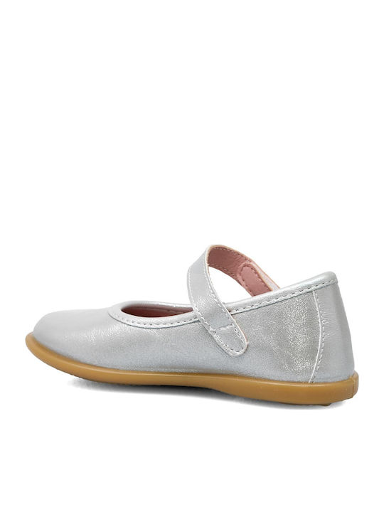 Kids Leather Ballerinas with Hoop & Loop Closure Silver