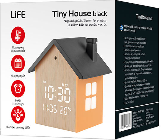 Digital Alarm Clock House LED Screen Night Light Life Tiny House Black