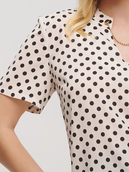 Women's Blouse Satin Short Sleeve with V Neckline Polka Dot White
