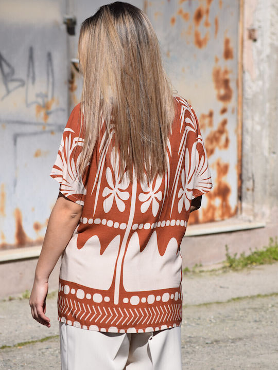 Plus Size Women's Summer Blouse Linen Beige with Tan