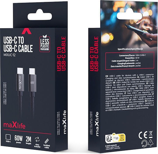 Maxlife Braided USB 2.0 Cable USB-C Male - USB-C 60W PD Black 2m