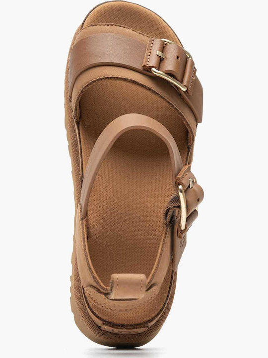 Goldenstar Leather Women's Flat Sandals with Strap Flatforms in Tabac Brown Color