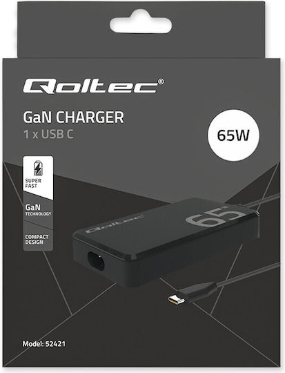 Φορτιστής 65w Gan Super Fast Slim Pd 5-20v 3.25a Usb-c 3.1 Laptop Macbook Smartphone Qoltec