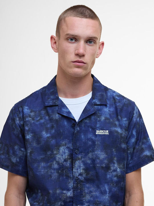 Short-sleeved Cotton Shirt in Wide Line Camo Midnight Blue