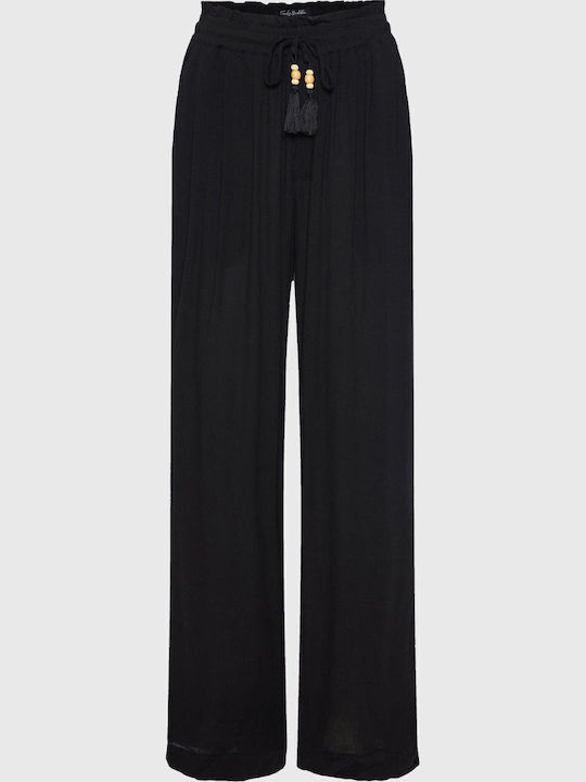 Women's High-waisted Fabric Trousers with Elastic in Loose Fit Black