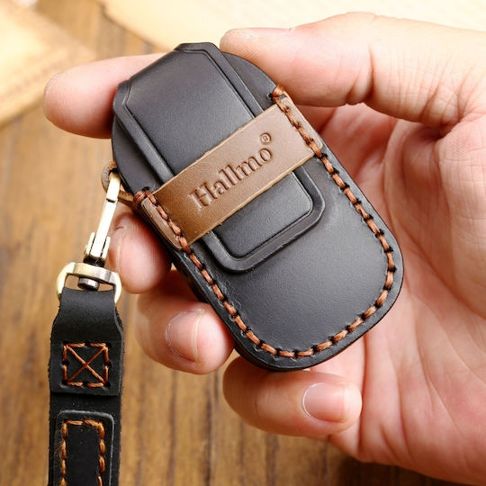 Hallmo Car Cowhide Leather Protective Key Cover Case Honda Tail Box 3 Buttons Black