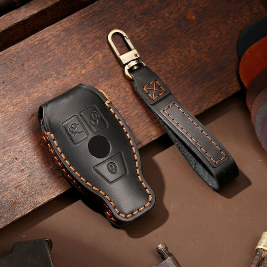 Hallmo Car Cowhide Leather Protective Key Cover Case Old Mercedes-Benz E300L Black