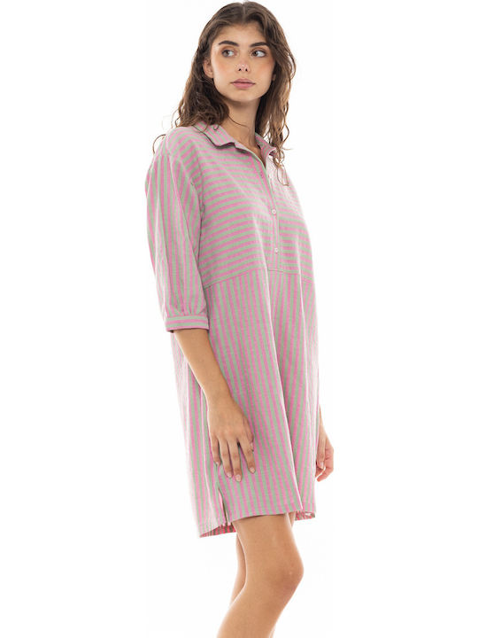 Γυναικείο Beachwear Pink Label Κοντό Καφτάνι Stripe Pink Green Βαμβακερό 3/4 Μανίκι