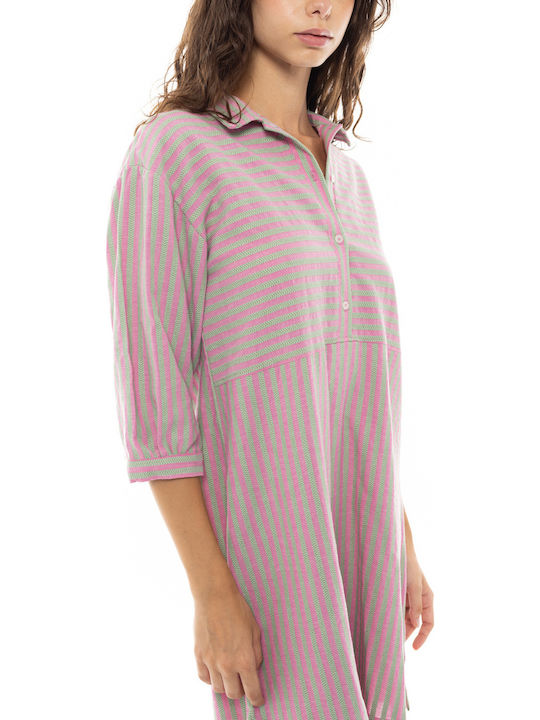 Women's Beachwear Pink Label Short Kaftan Stripe Pink Green Cotton 3/4 Sleeve