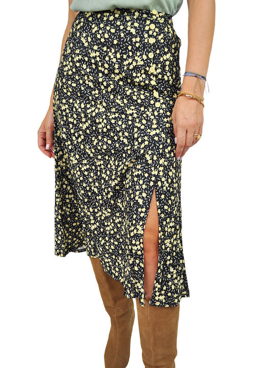 Ψηλόμεση Midi Φούστα Floral Κίτρινη