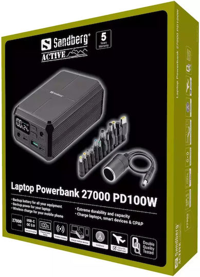 Sandberg Power Bank 27000mAh 100W with USB-A Port and 2 USB-C Ports Power Delivery Black