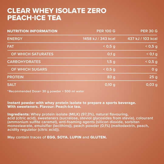 IronMaxx Clear Whey Isolate ZERO Proteină Din Zer Fara lactoza cu Aromă Peach Ice Tea 400gr