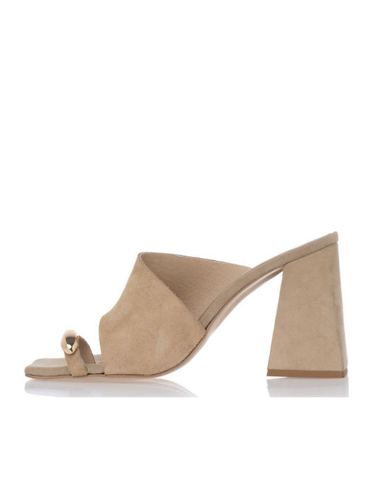 Leather Mules with High Heel in Beige Color