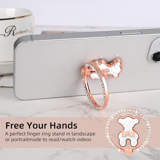 Z21-d Universal Phone Ring Holder – 360° Rotating Metal Grip Bear Head Design & Rhinestones 19000-white