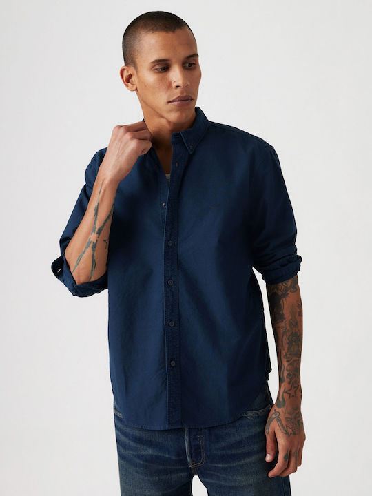 Authentic Long-sleeved Cotton Shirt in Wide Line Navy Blazer