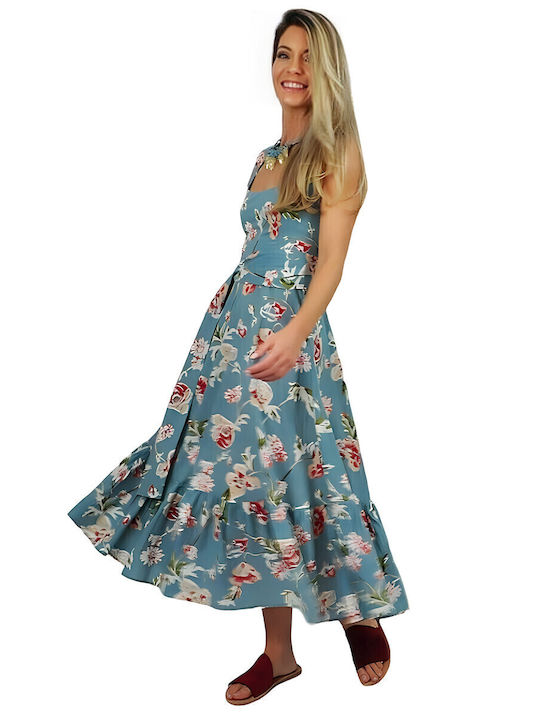 Summer Midi Dress with Ruffles Light Blue