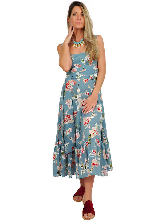 Summer Midi Dress with Ruffles Light Blue