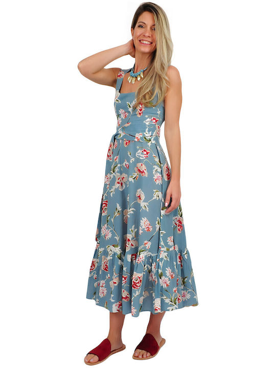 Summer Midi Dress with Ruffles Light Blue