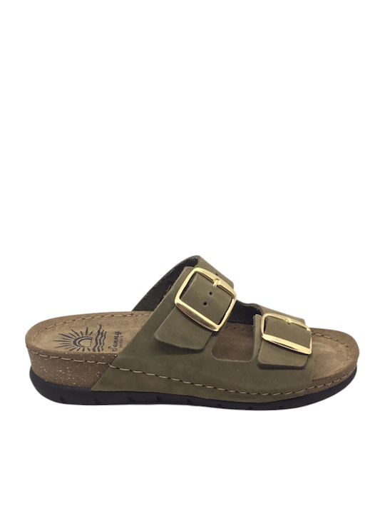Leather Women's Flat Sandals Anatomic in Khaki Color
