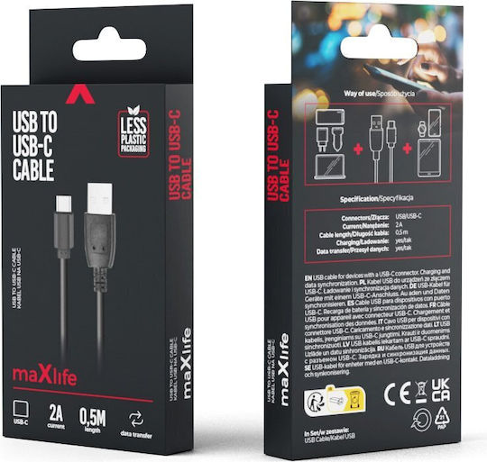 Maxlife USB 2.0 Cable USB-C male - USB-A Μαύρο 0.5m