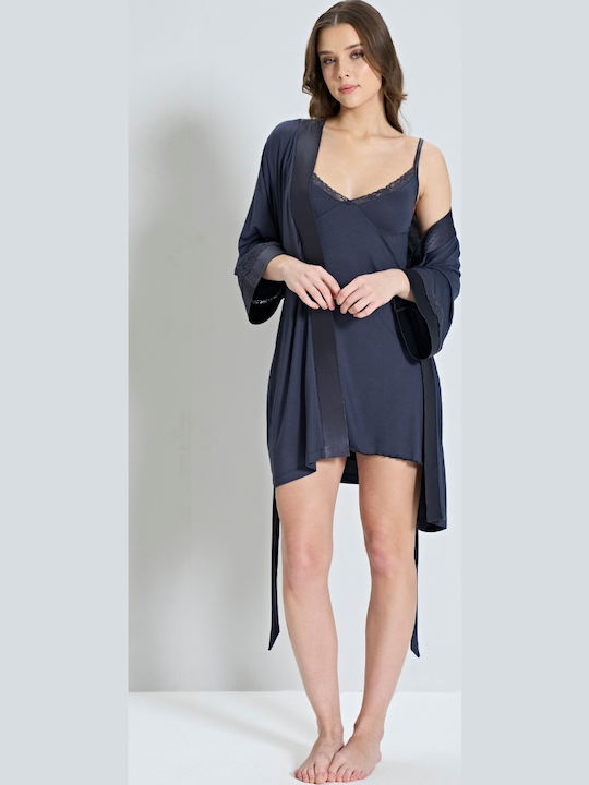 Pijadore Sommer Damen Robe mit Nachthemd Anthracite