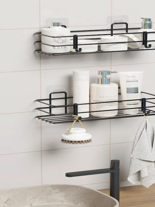 Femmit Wall Mounted Metallic Self-Adhesive Bathroom Shelf Set 2 Shelves 4 Hooks 30x10.5x12.5 Cm Black