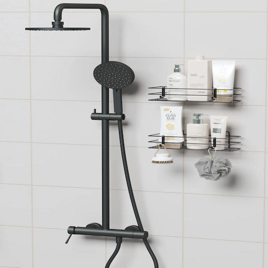 Femmit Wall Mounted Metallic Self-Adhesive Bathroom Shelf Set 2 Shelves 4 Hooks 30x10.5x12.5 Cm Black