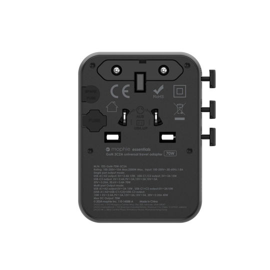 Mophie Încărcător Fără Cablu GaN cu 2 Porturi USB-A și 3 Porturi USB-C 70W Negruς (Essential )