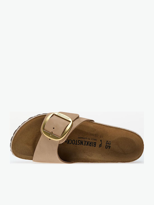 Madrid Big Buckle Leather Women's Flat Sandals in Beige Color Narrow Fit