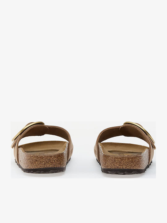 Madrid Big Buckle Leather Women's Flat Sandals in Beige Color Narrow Fit
