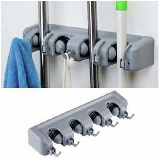 Suport de perete Siks pentru mături, mopuri, lopată, cârpe, bâtă de baseball, greblă, accesorii de grădinărit, 4 compartimente, gri