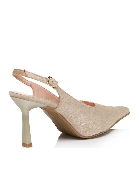 Leather Pointed Toe Beige Heels with Strap