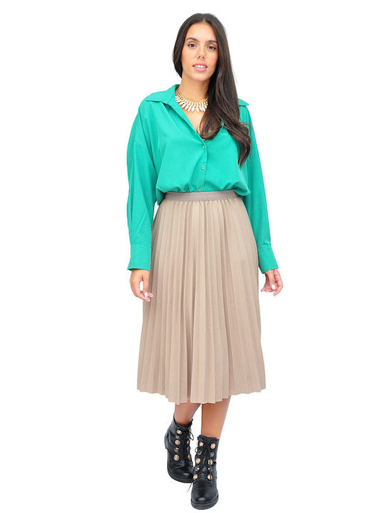 Pleated High-waisted Midi Skirt Ecru