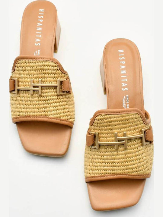 Leather Mules with Chunky Low Heel in Brown Color