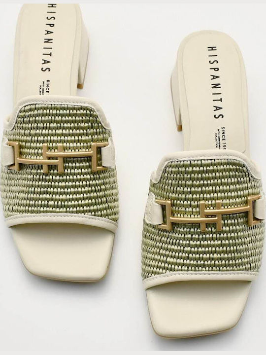 Leather Mules with Chunky Low Heel in Green Color