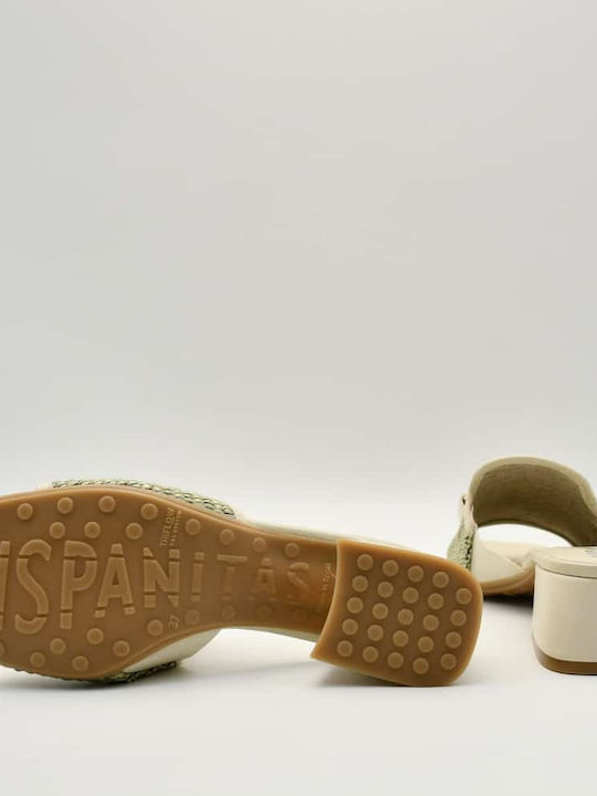 Leather Mules with Chunky Low Heel in Green Color