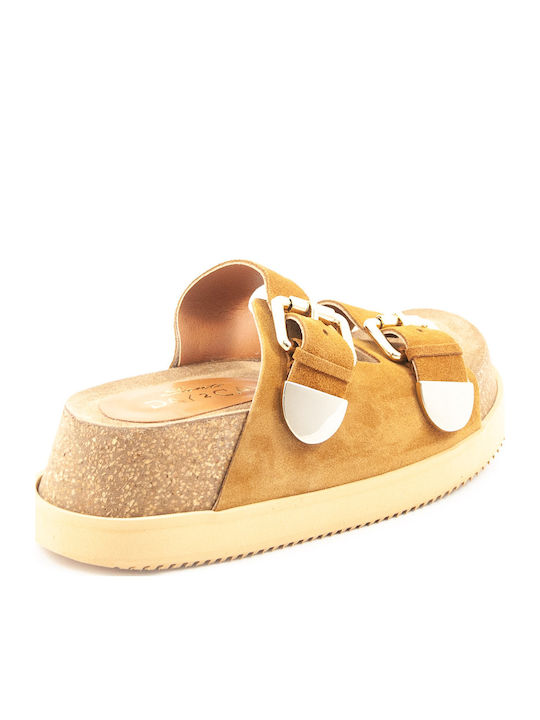 Leather Women's Flat Sandals Tabac Brown