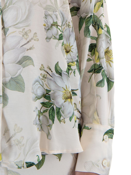 Women's Satin Floral Long Sleeve Shirt Ecru, Beige, Green