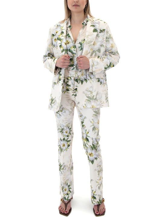 Women's Satin Floral Long Sleeve Shirt Ecru, Beige, Green