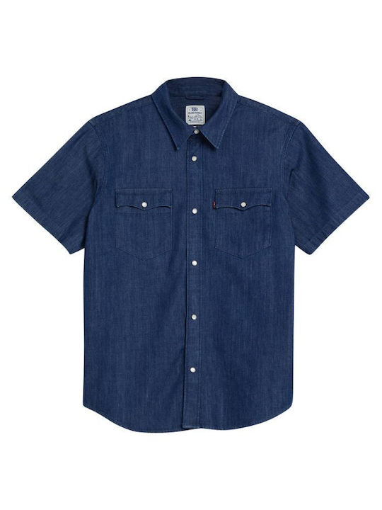 Western Short-sleeved Cotton Shirt in Wide Line Dark Wash