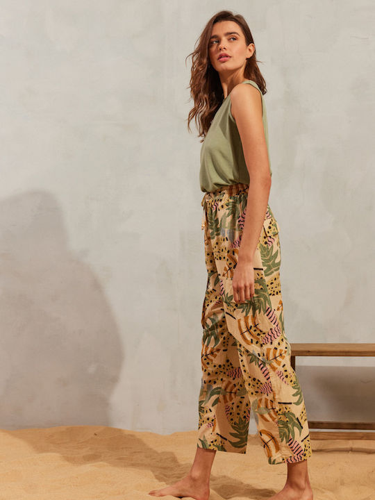 Women's Fabric Trousers with Elastic Loose Fit Floral Beige