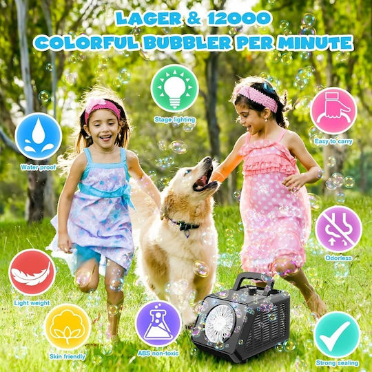 Mașină electrică de făcut baloane de săpun cu lumini LED 2 viteze 200ml 12000 baloane/min 12x13x19cm negru alb
