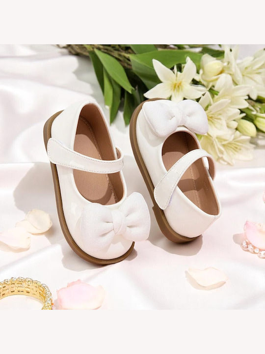 Kids Leather Ballerinas with Hoop & Loop Closure White