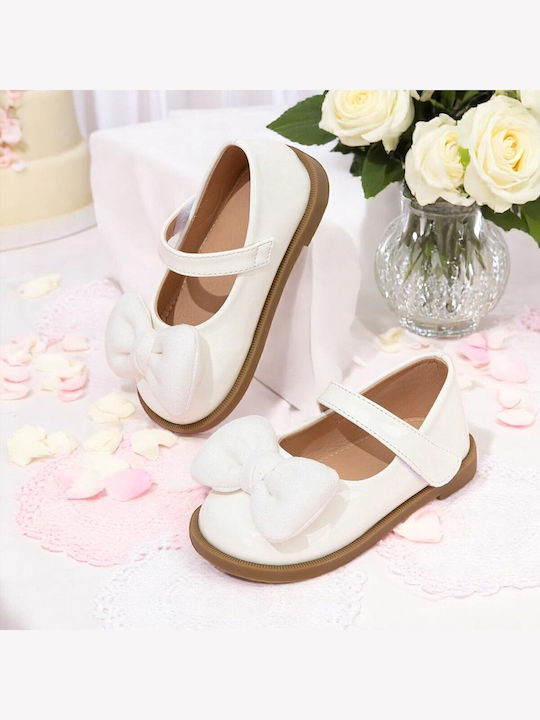 Kids Leather Ballerinas with Hoop & Loop Closure White