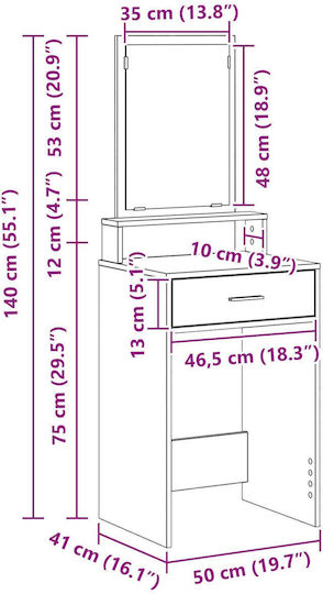 Floor-Standing Makeup Dressing Table Wooden Artisan Oak with Mirror 50x41x140cm