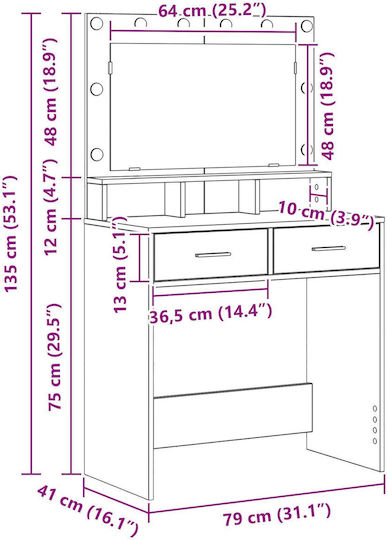 Masă De Toaletă De Podea Din Lemn Artisan Oak Cu Oglindă 79x41x135cm