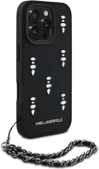 Karl Lagerfeld Saffiano Umschlag Rückseite Silikon / Leder mit Nackenriemen Schwarz (iPhone 17 Pro / iPhone 16 Pro)