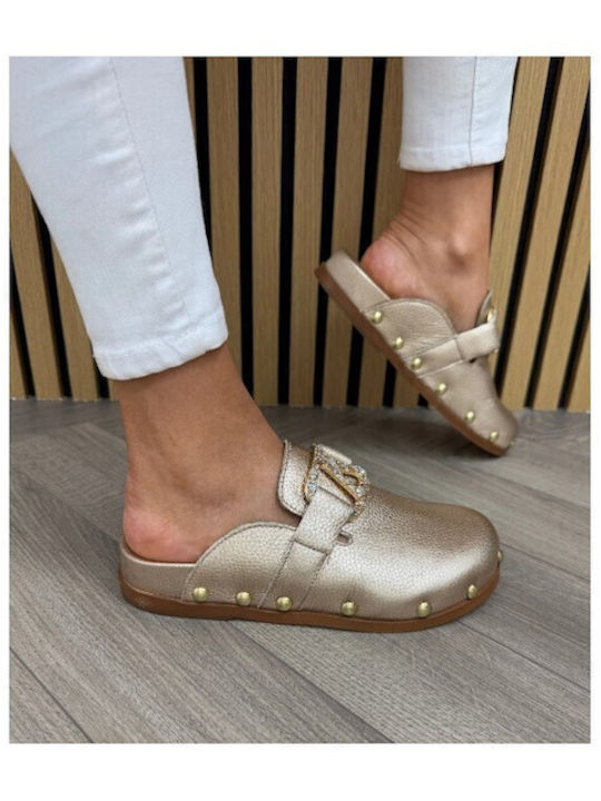 Flach Leder Mules in Gold Farbe
