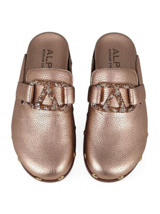 Flach Leder Mules in Gold Farbe